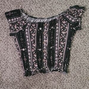 Floral Black and Pink Cropped Elastic Top